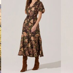 Astr Lavena Floral V-Neck Maxi Dress in Brown and Cream